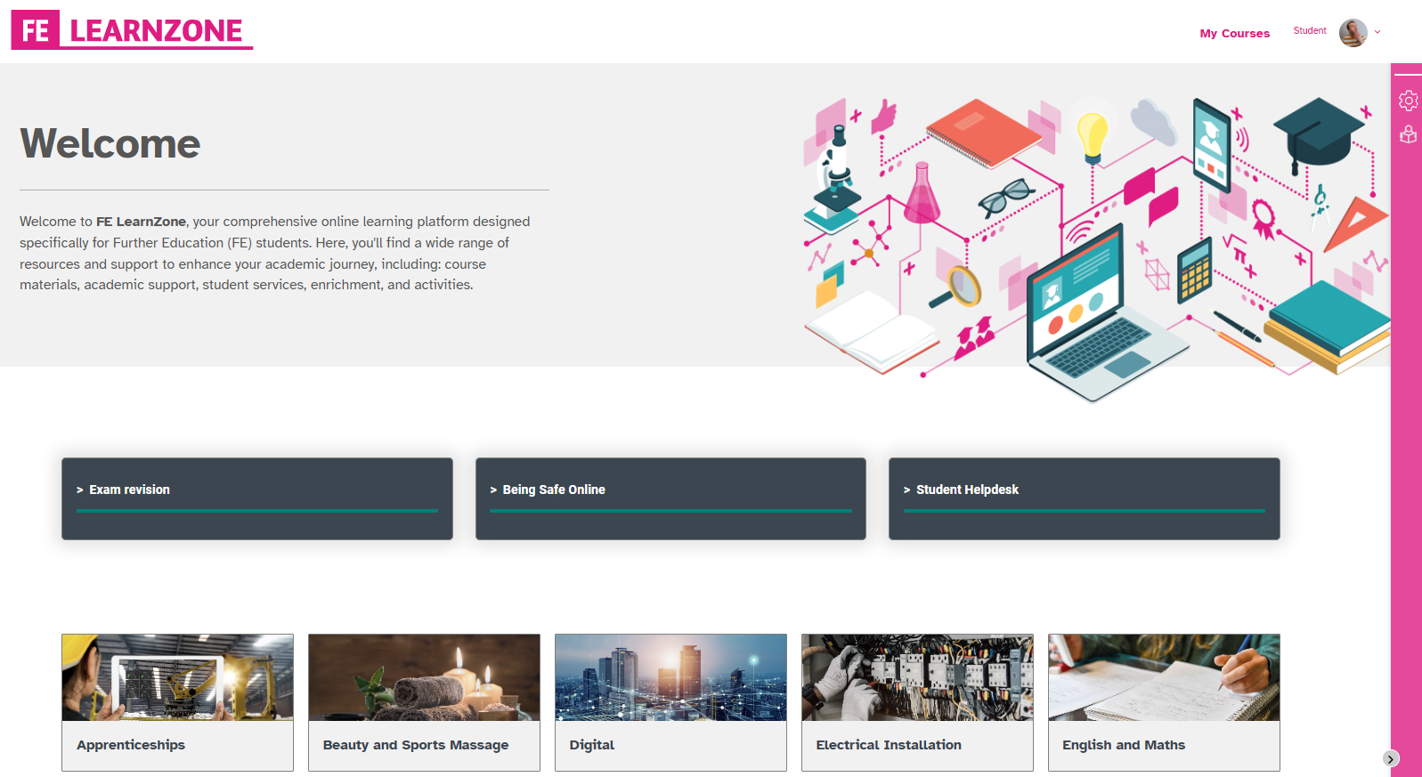 FE LearnZone screenshot of the homepage.