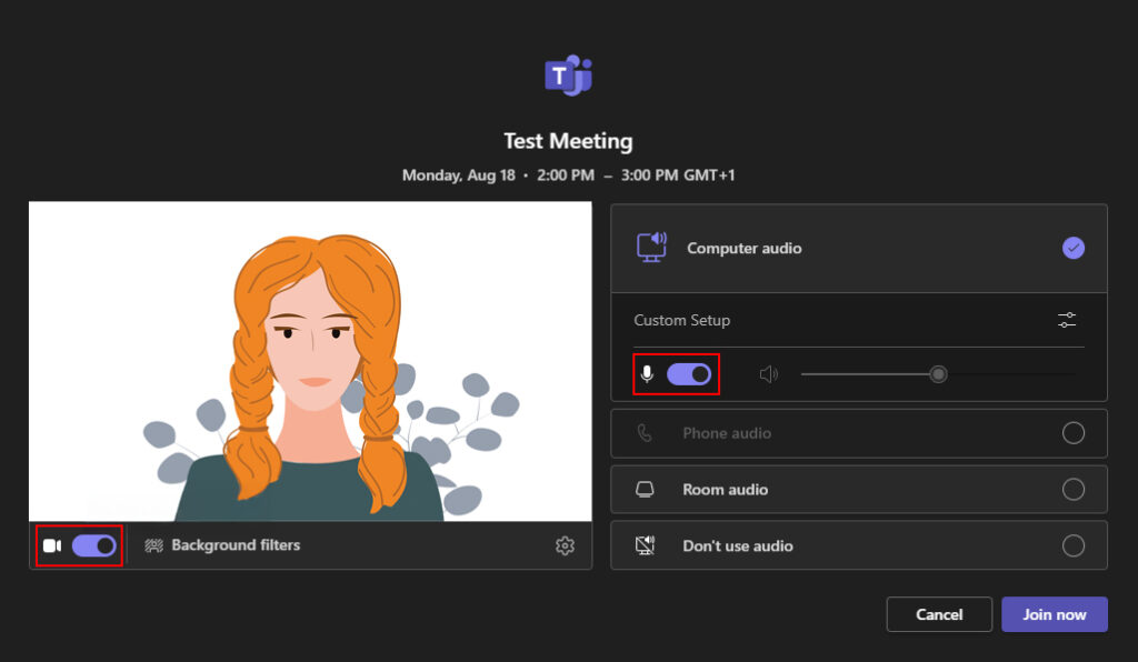 Join a Team meeting window where you can adjust camera and microphone settings.