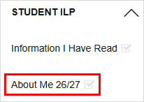 Screenshot of the 'About Me 26/27' option within the 'Student ILP' drop-down menu.