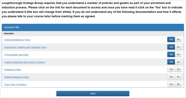 Screenshot of the documents to tick off as read on the 'Information I Have Read' page.