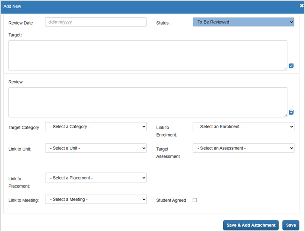 My Targets Add New Screenshot of the view when adding a target with the fields noted in steps 1-7