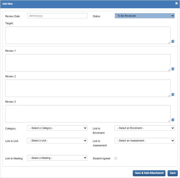 Setting Targets Screenshot of the view when creating a new target on the ILP.