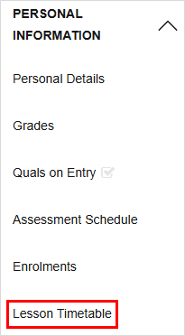 Screenshot of the 'Lesson Timetable' option within the 'Personal Information' drop-down menu.
