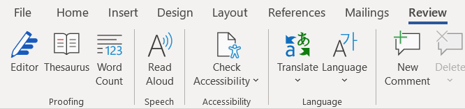 Review ribbon in MS Words Read Aloud Review ribbon in Microsoft Word showing Read Aloud button