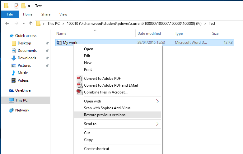 Restore Previous Versions Right click drop down menu - Restore Previous Versions