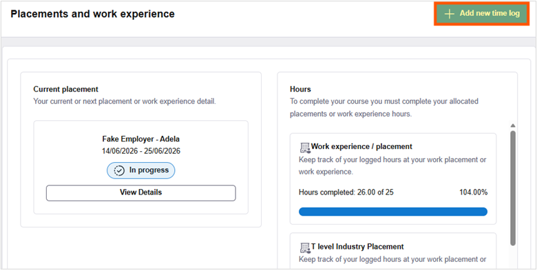 Screenshot of the placement dashboard with the option to add a new time log highlighted.