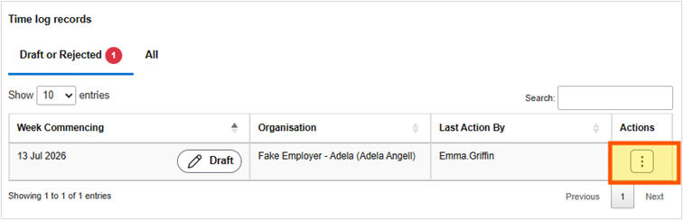 Screenshot of the 'Time log records' table with the 'Actions' button highlighted.