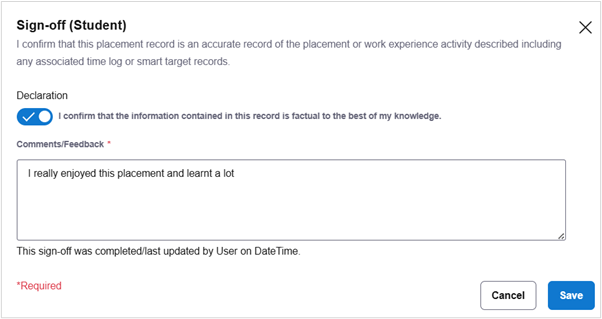 Screenshot of the sign-off screen with the declaration button checked and the comments/feedback box filled in.