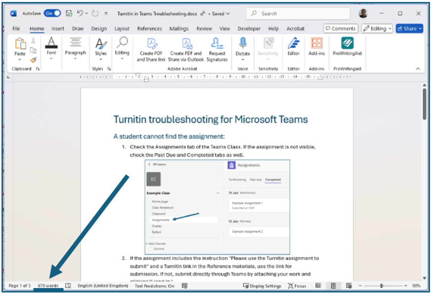 Word count in Microsoft Word Screenshot of a Word document with an arrow pointing at the Word count in the bottom left corner of the winodow.