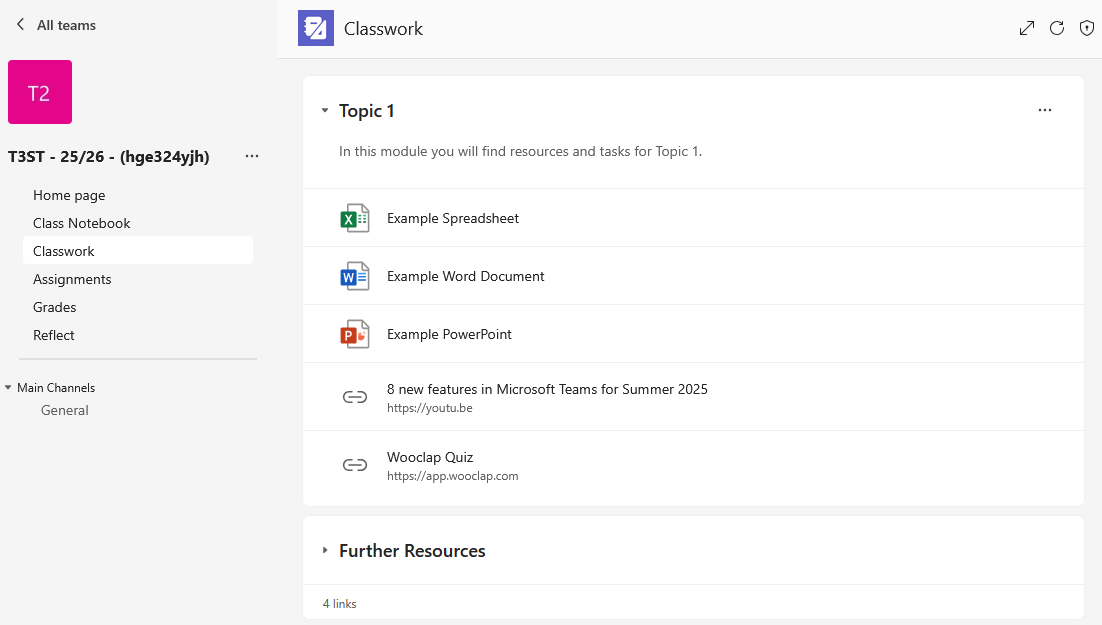 Screenshot of Teams Classwork showing example Module and with files and links