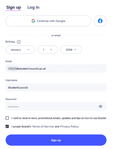 Screenshot of Quizlet sign up window