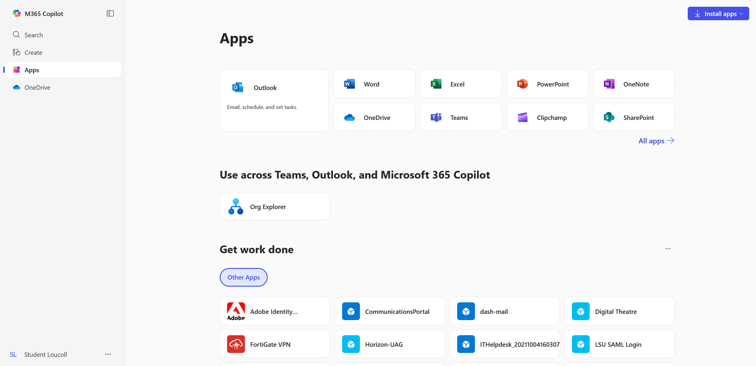 Screenshot of Microsoft 365 Student view of the apps page.