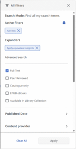Screenshot of EBSCO discovery filters