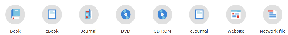 Screenshot of available media types: book, e-book, journal, dvd, cd-rom, e-journal, website, network file