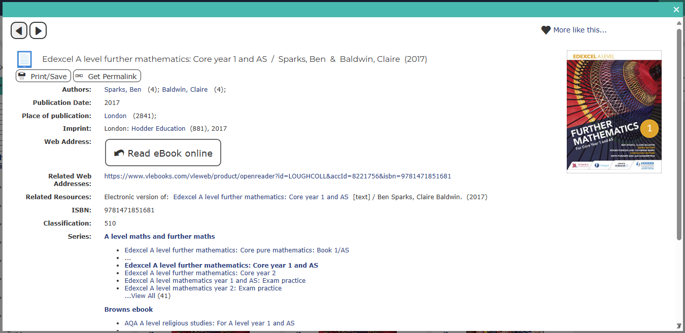 A screenshot of Liberty showing the "Read ebook online" button, once an electronic publication item is selected