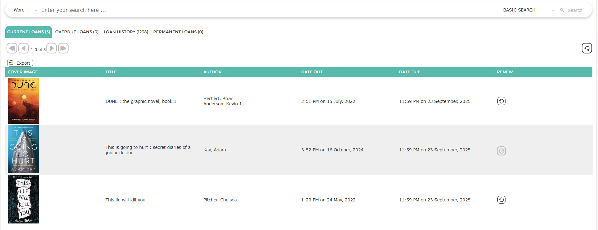 A screenshot showing an example list of borrowed books with the renew option