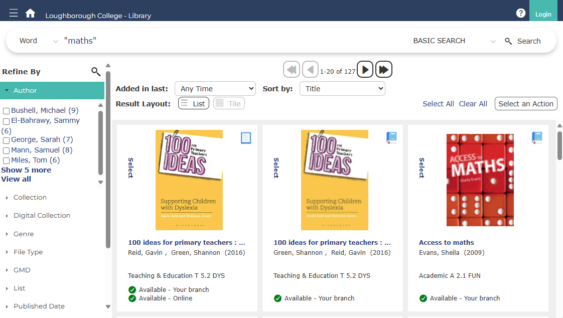 a screenshot showing an example grid of results for a Liberty portal search.