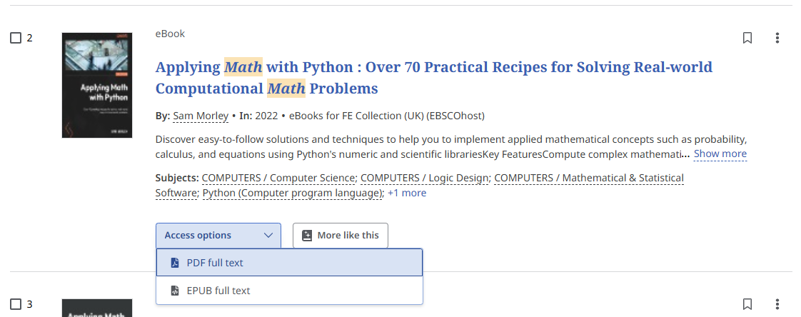 A screenshot of EBSCO Discovery showing the "Access options" button below the search result