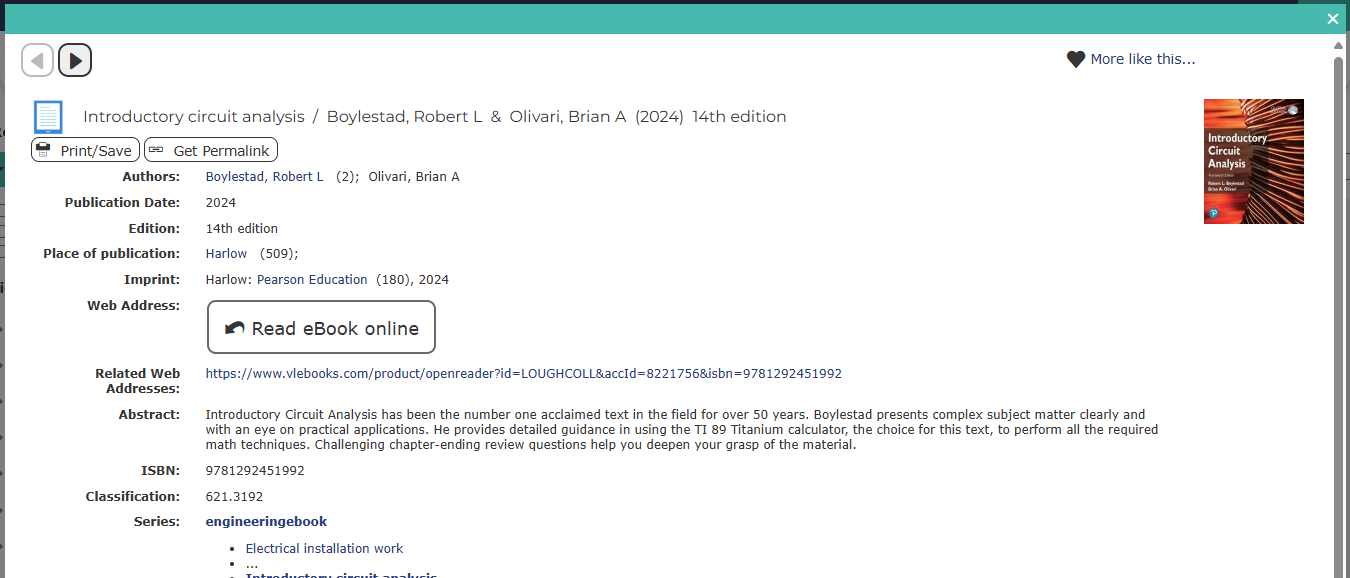 A screenshot of the library catalogue record showing the "read ebook online" button 