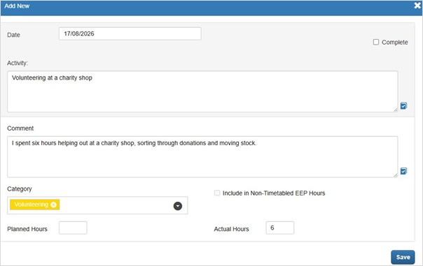 Screenshot of the view when adding an enrichment activity.