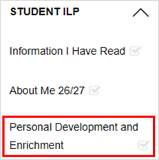 Screenshot of the 'Personal Development and Enrichment' option within the 'Student ILP' drop-down menu.