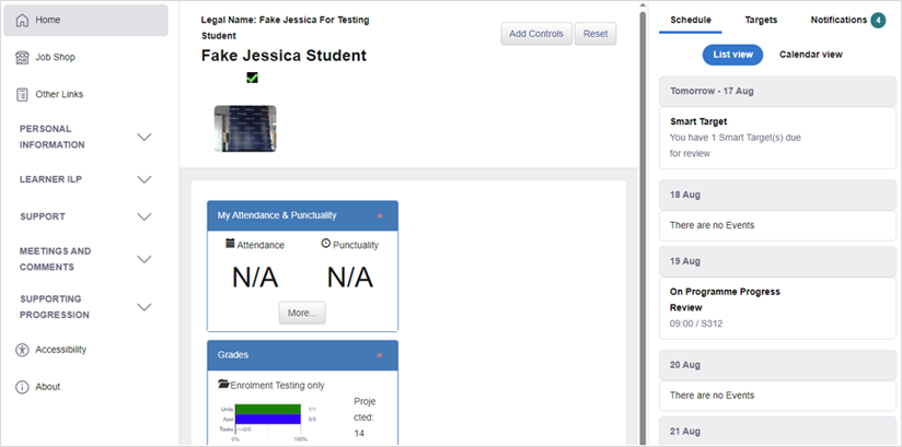 Screenshot of the main ILP dashboard for a learner.