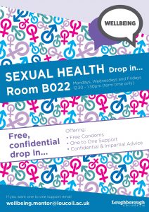 Sexual Health poster, drop in, contact the wellbeing team