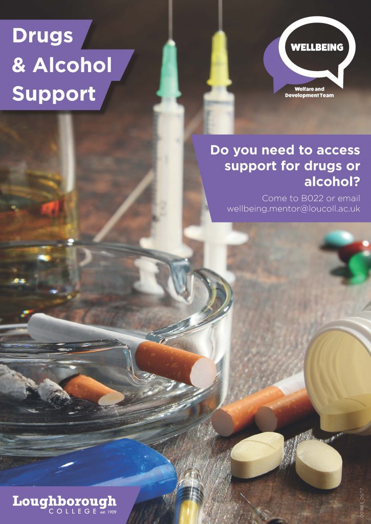 Poster advertising the College Wellbeing Drug and Alchohol support