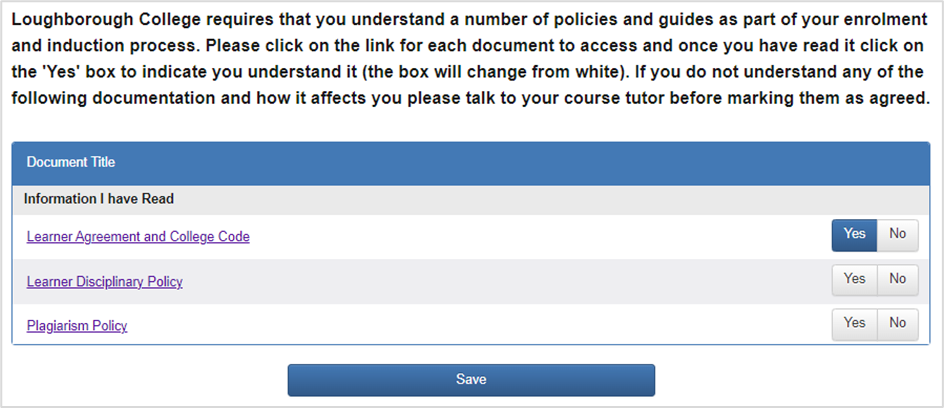 Screenshot of the three documents that must be read and marked as 'Yes'.