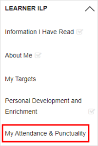 Screenshot of the 'My Attendance & Punctuality' option within the 'Learner ILP' drop-down menu.