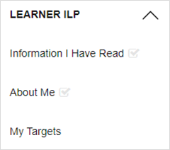 Screenshot of the sections within the 'Learner ILP' drop-down menu that need to be completed.