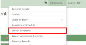 ILP drop down menu: Information - Lesson Timetable highlighted