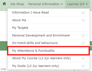 My Attendance and Punctuality highlighted from a drop down menu under Learner ILP