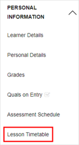 Screenshot of the 'Lesson Timetable' option within the 'Personal Information' drop-down menu.