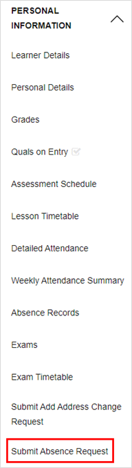 A screenshot of the 'Submit Absence Request' option within the 'Personal Information' drop-down menu.