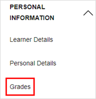 Screenshot of the 'Grades' option within the 'Personal Information' drop-down menu.