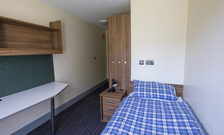 Loughborough College Halls of residence Room example including bed, draws and desk