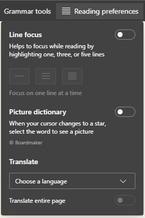 Immersive Reader Reading Preferences in Edge.