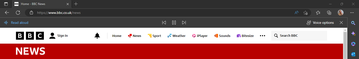 Read Aloud in Edge Browser showing play, pause, skips buttons and Voice option button.