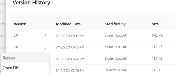 OneDrive Version History Pick a file to Restore