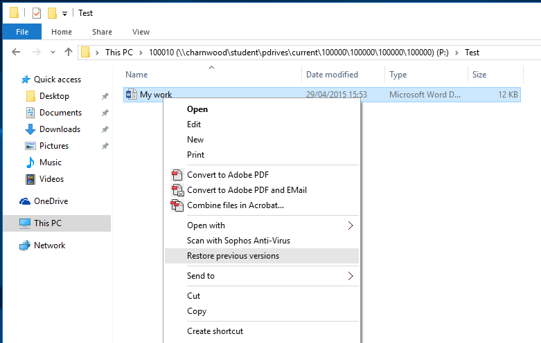 Right click drop down menu - Restore Previous Versions