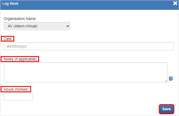 Screenshot of the 'Log Work' box with the 'Date', 'Notes' and 'Hours Worked' fields highlighted.